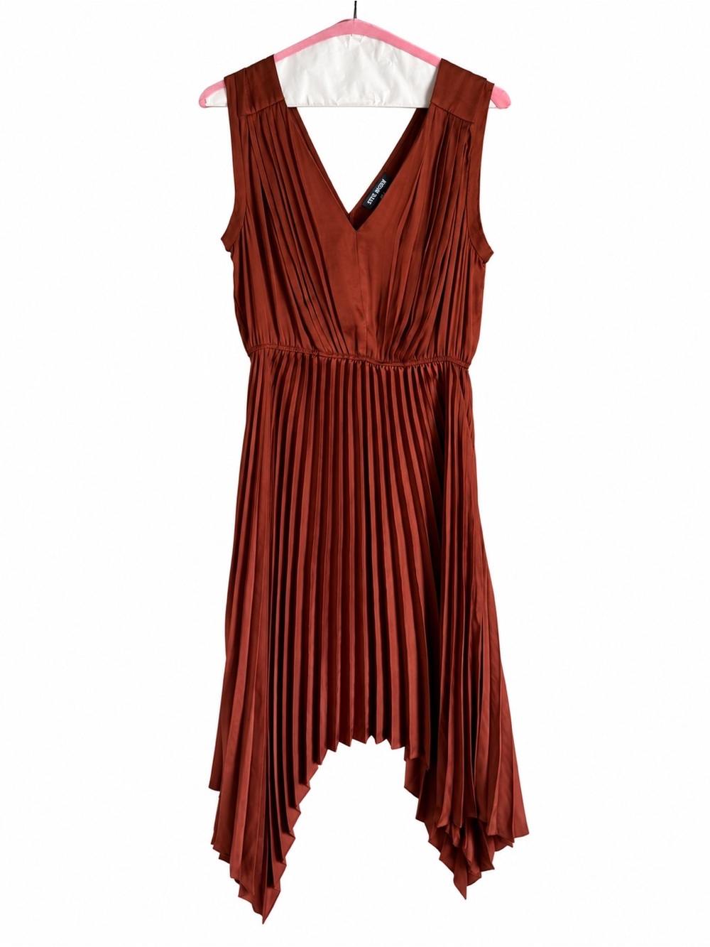 Steve Madden Sleeveless Rust Pleated V-Neck Handkerchief Hem Dress